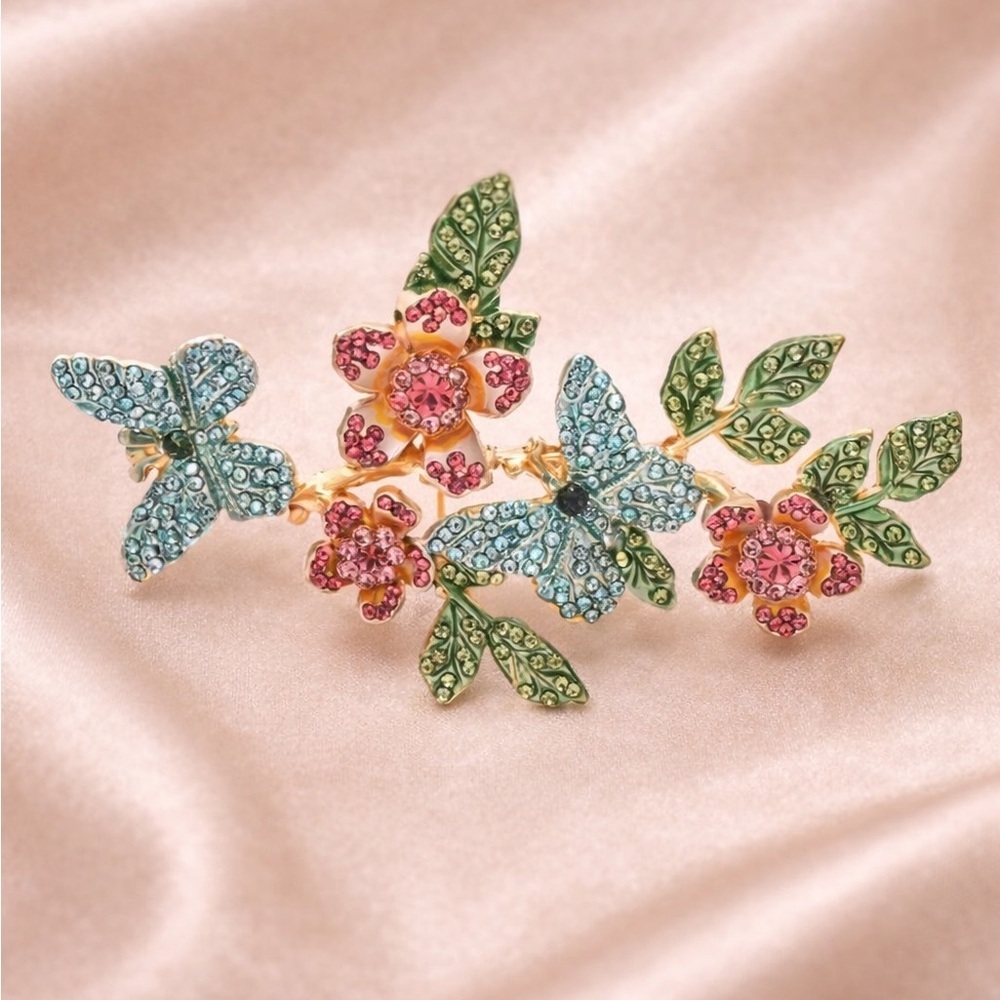 Floral Blue Butterfly Crystal Earrings